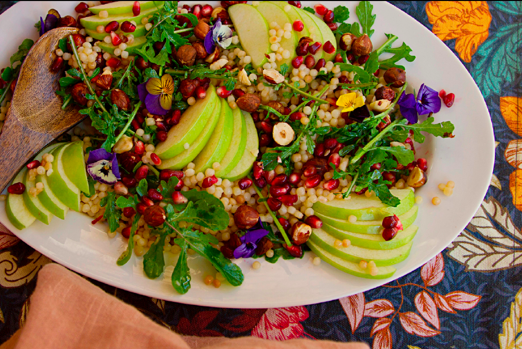 Israeli Couscous, Hazelnut, Apple + Pomegranate Salad recipe preview The Hippie Cook's Gourmet Salads